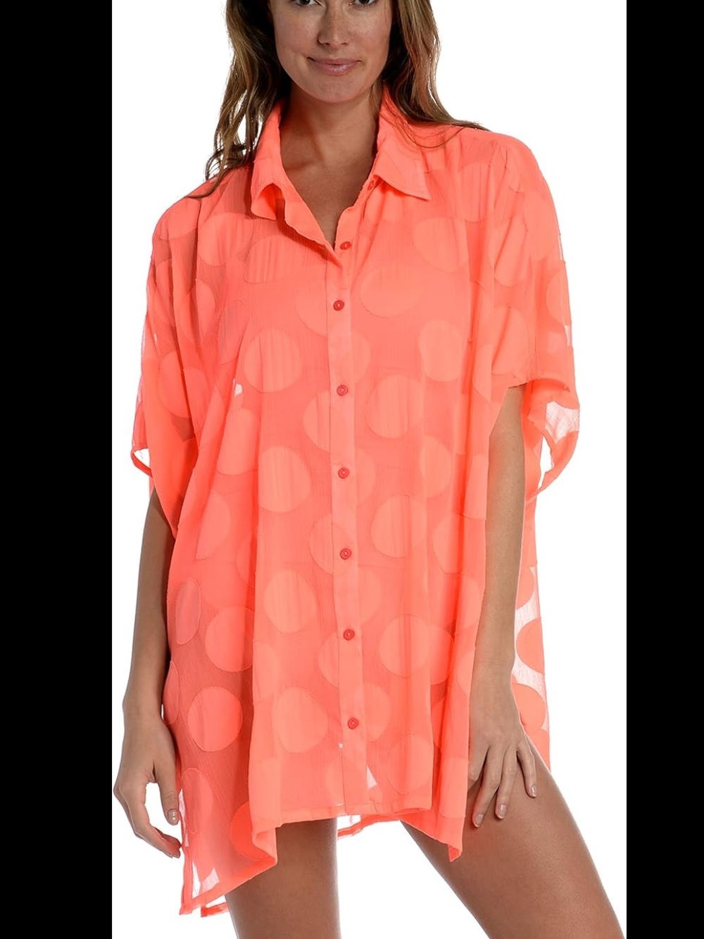 La Blanca Camp Shirt Swimsuit Coverup Neon Salmon Pink Polka Dot One Size $108